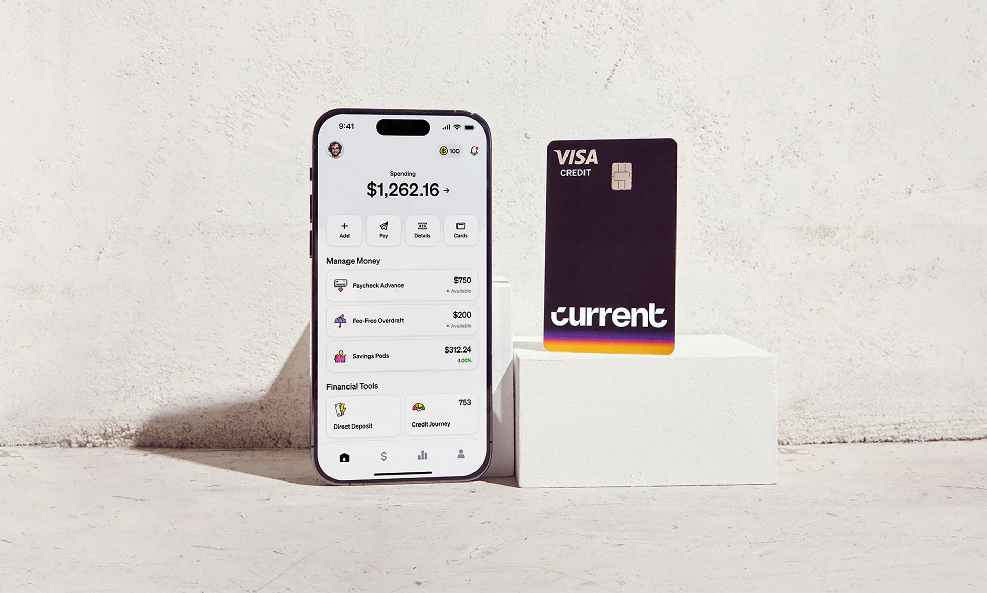 Current app on phone showing spending balance and Visa credit card